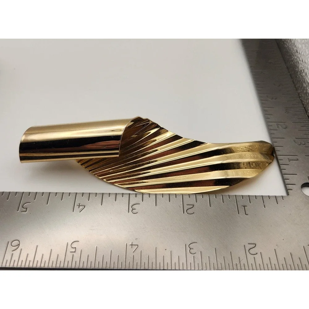 Vintage Modernist Brooch Gold Tone Pin 5 inch Leaf Wing Sculptural Scarf Clip